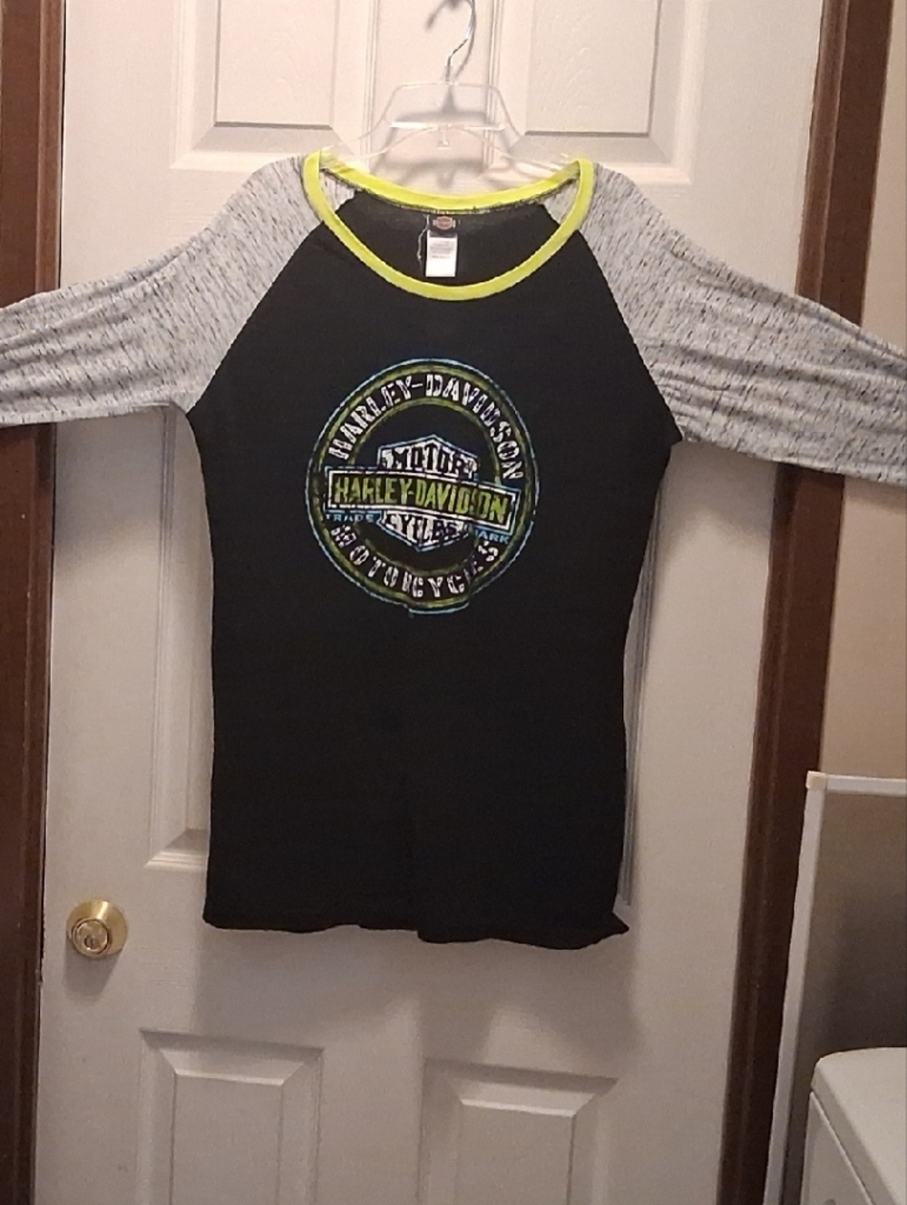 Harley-Davidson Black Baseball Tee with Heather Gray Sleeves and Yellow Trim